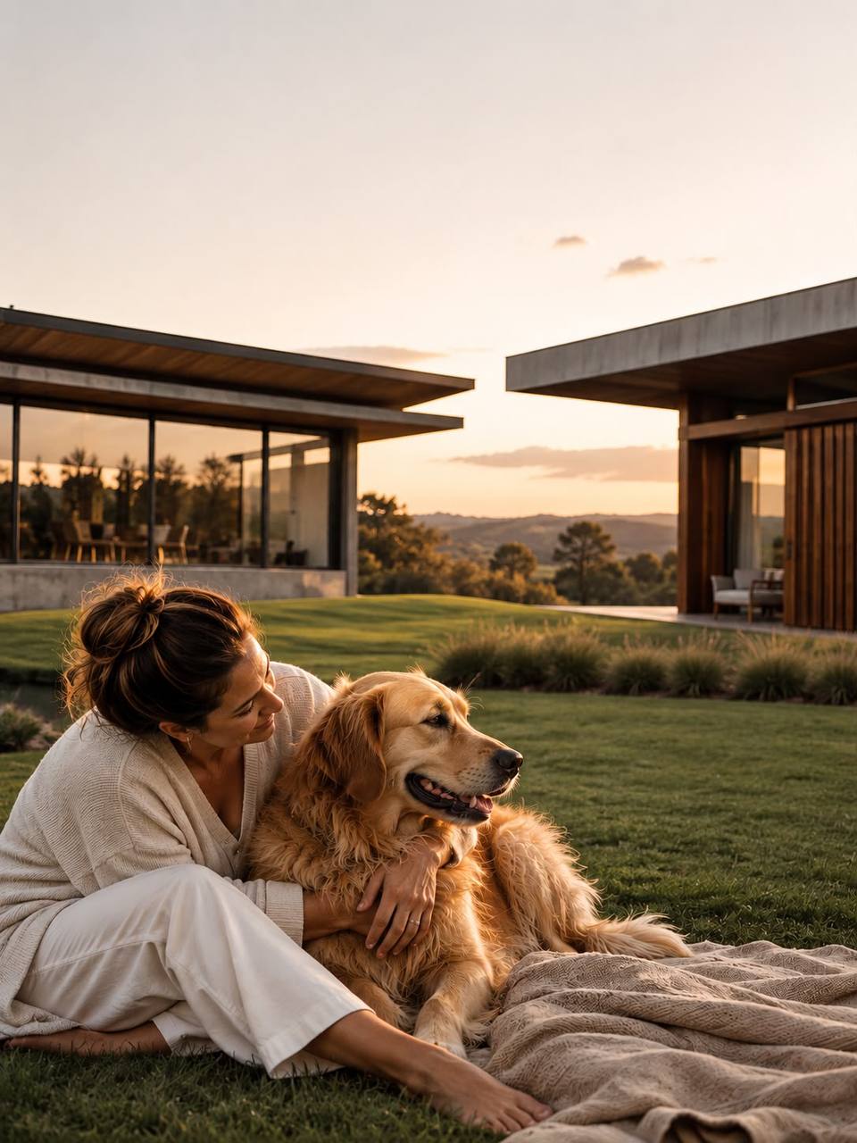 Tutora abraçando seu golden retriever ao entardecer, em frente a uma casa moderna